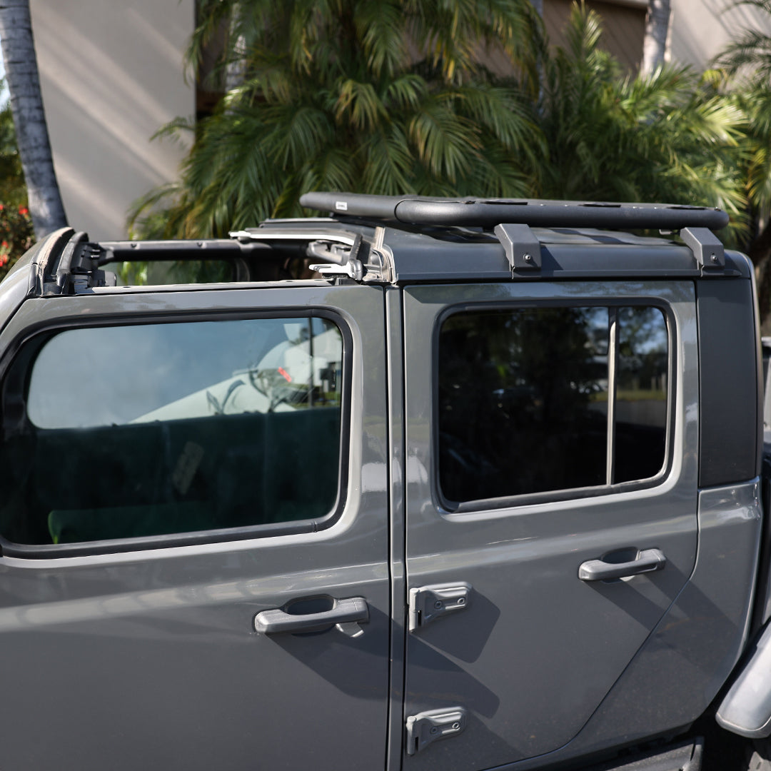 Low-profile rooftop cargo platform installed on off-road SUV for camping and adventure gear
