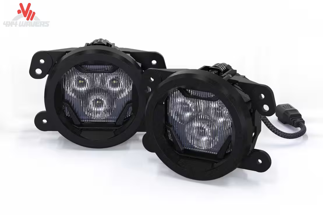 Stainless steel Morimoto 4Banger fog light brackets for 2007-2018 Jeep Wrangler JK, designed for fog and driving lights installation.