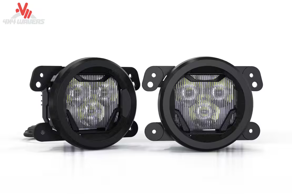 Stainless steel fog light brackets for 2007-2018 Jeep Wrangler JK, designed for Morimoto fog and driving lights.
