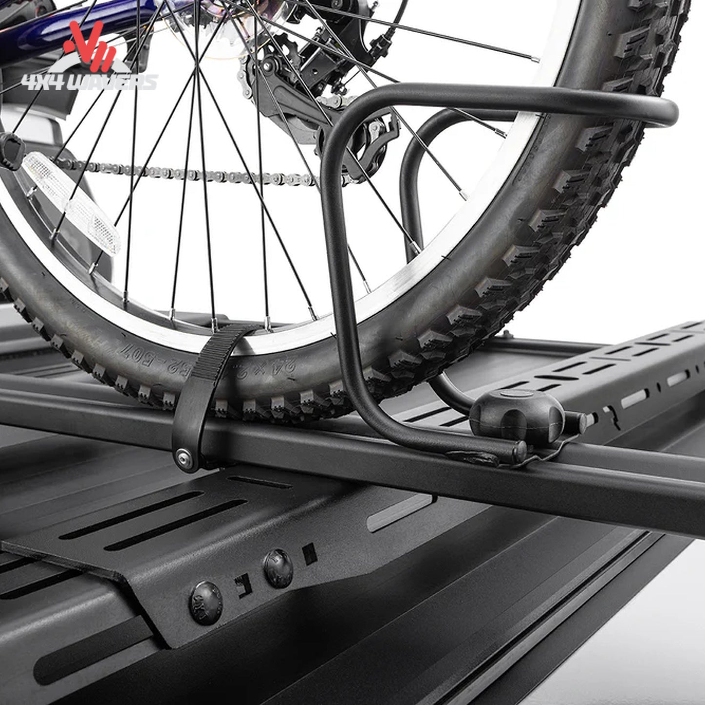 TruXedo Elevate Bike Carrier fork mount accessory for Elevate Rack System; Fork-mounted bicycle carrier attached to a TruXedo Elevate truck bed rack system