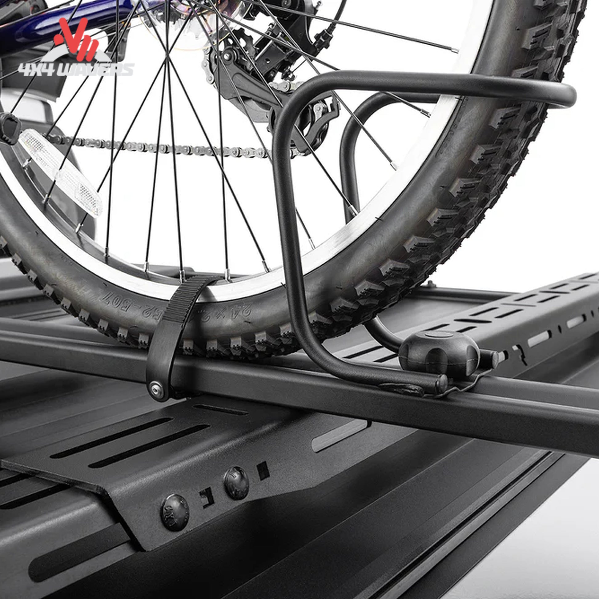 TruXedo Elevate Bike Carrier fork mount accessory for Elevate Rack System; Fork-mounted bicycle carrier attached to a TruXedo Elevate truck bed rack system