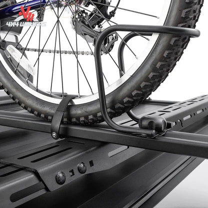 TruXedo Elevate Bike Carrier fork mount accessory for Elevate Rack System; Fork-mounted bicycle carrier attached to a TruXedo Elevate truck bed rack system