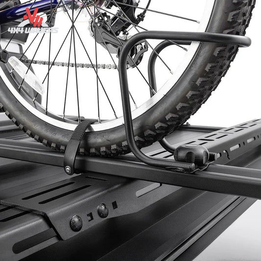 TruXedo Elevate Bike Carrier fork mount accessory for Elevate Rack System; Fork-mounted bicycle carrier attached to a TruXedo Elevate truck bed rack system