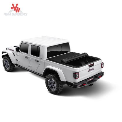 Premium matte-black hard roll-up truck bed cover installed on a Jeep Gladiator with enhanced cargo security