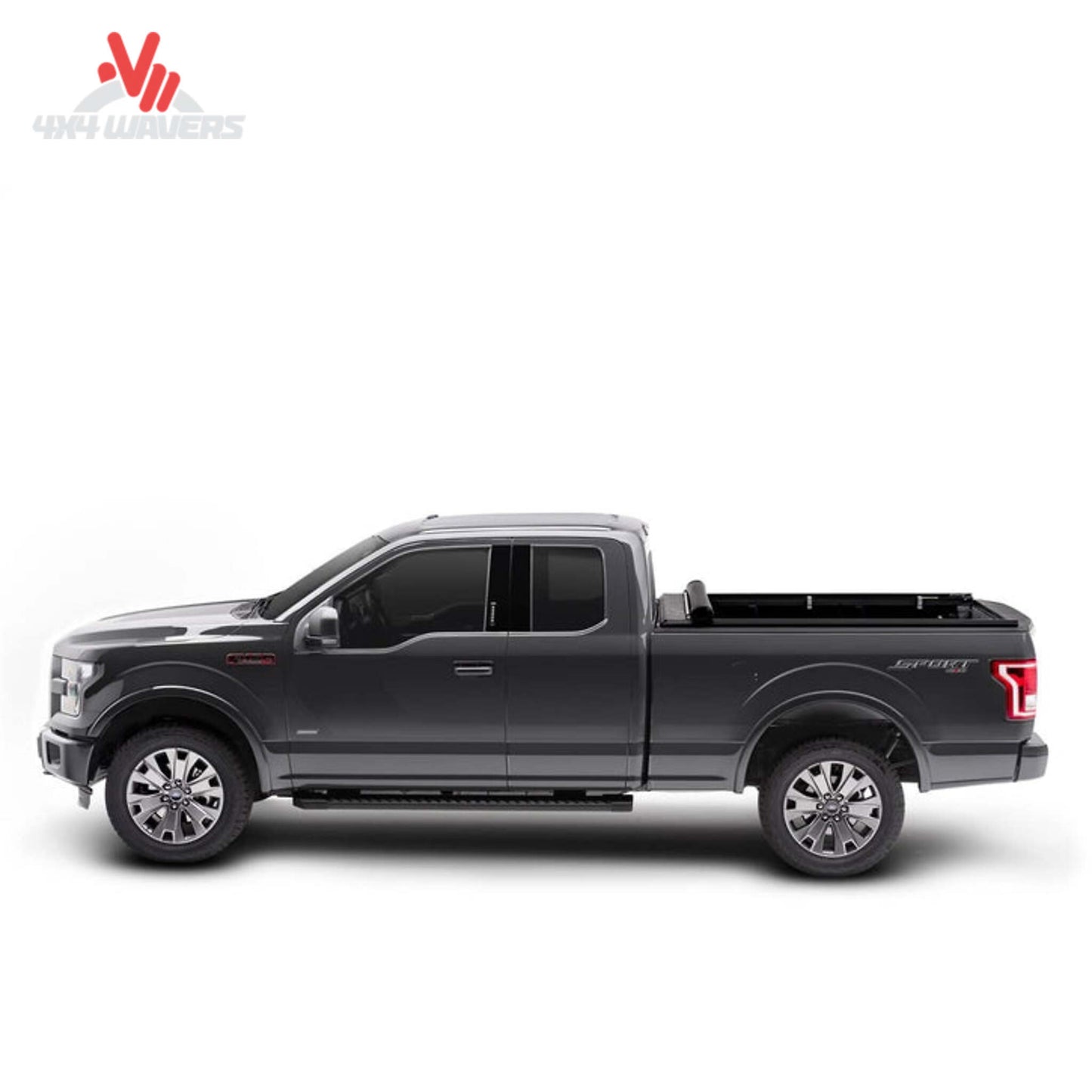 TruXedo TruXport soft roll-up tonneau cover with dual paddle latch on a 2009-2014 Ford F-150 5.5' bed, rolled open for access.