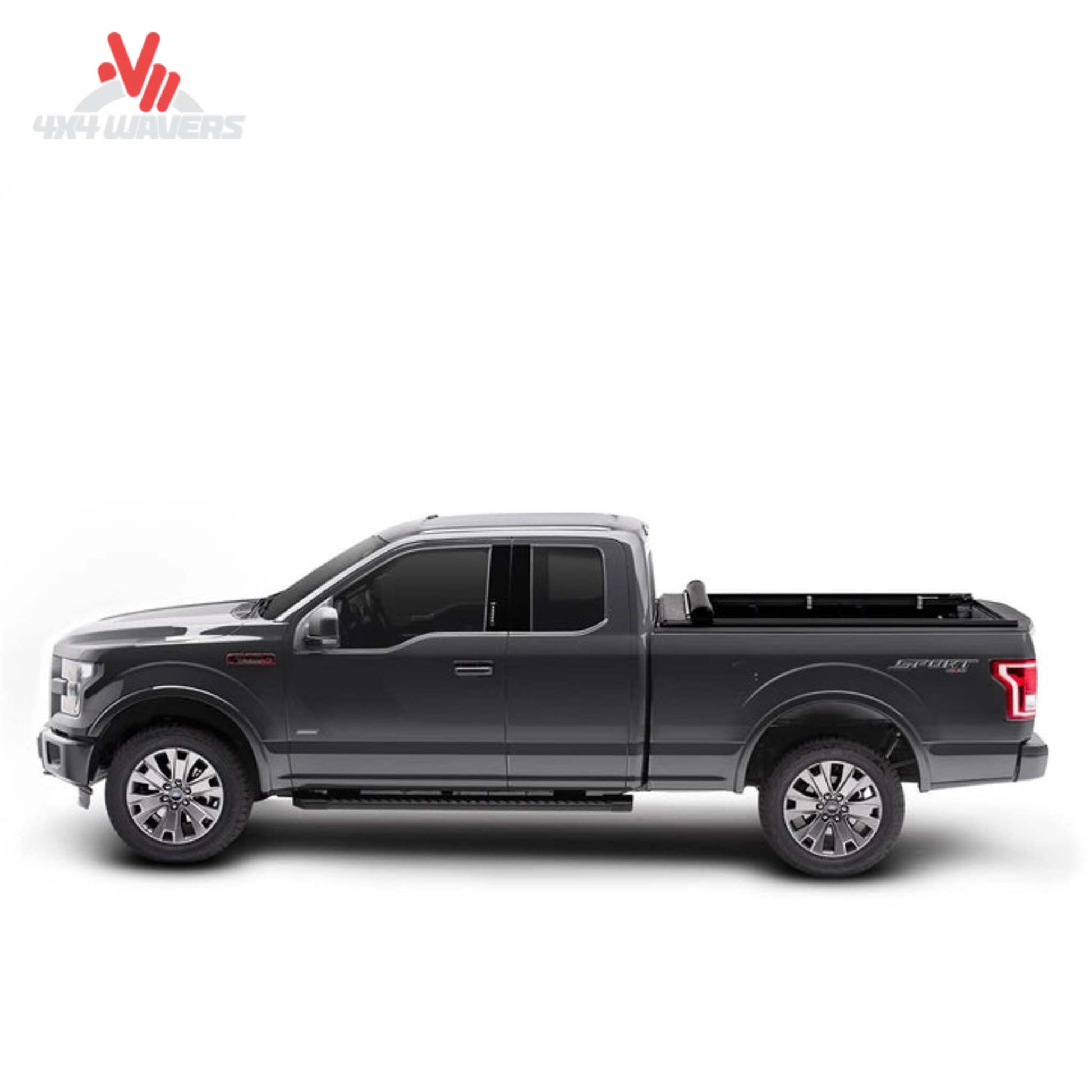 TruXedo TruXport soft roll-up tonneau cover with dual paddle latch on a 2009-2014 Ford F-150 5.5' bed, rolled open for access.