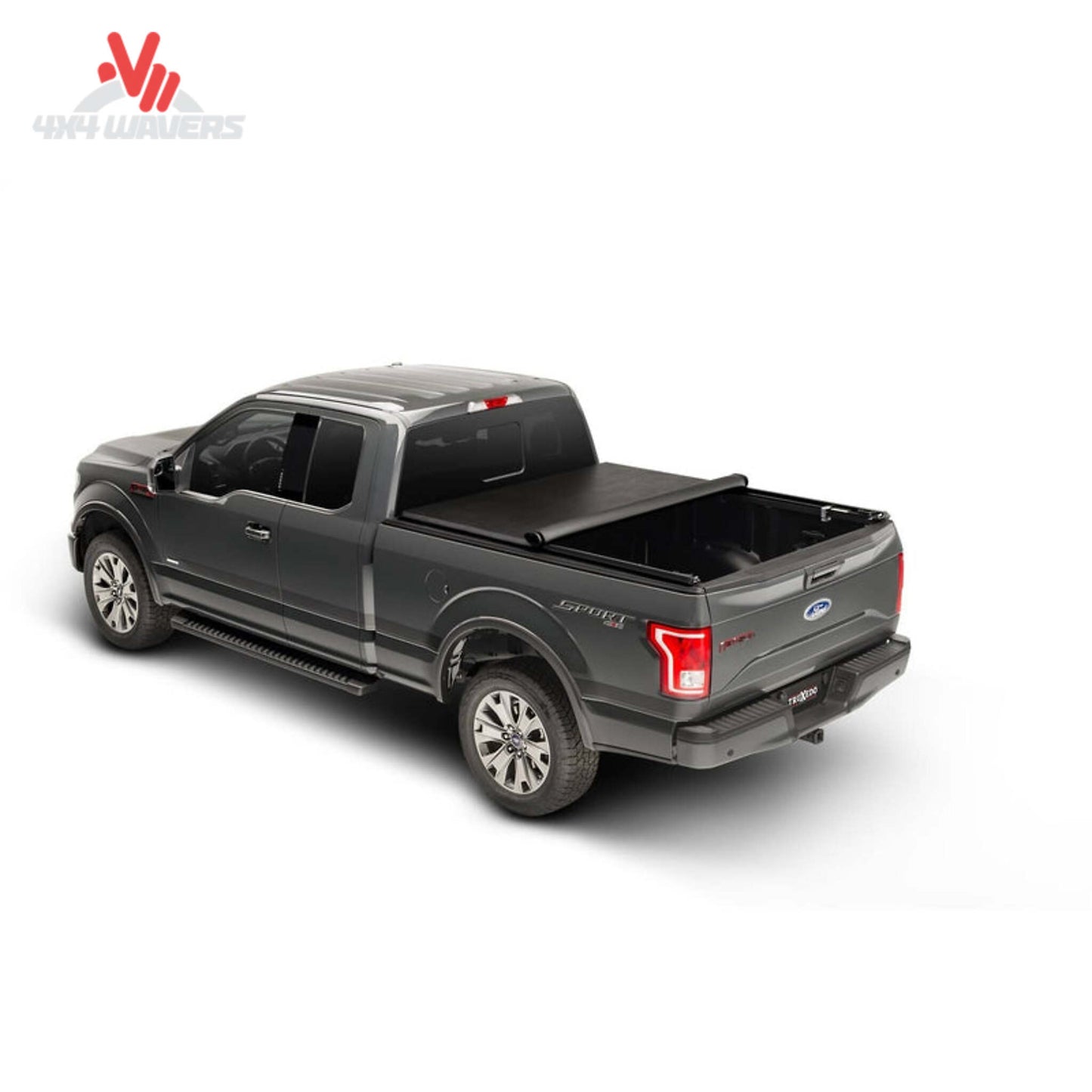 TruXedo TruXport soft roll-up tonneau cover on 2009-2014 Ford F-150 with 5.5-foot bed, showing the cover rolled up over the truck bed.