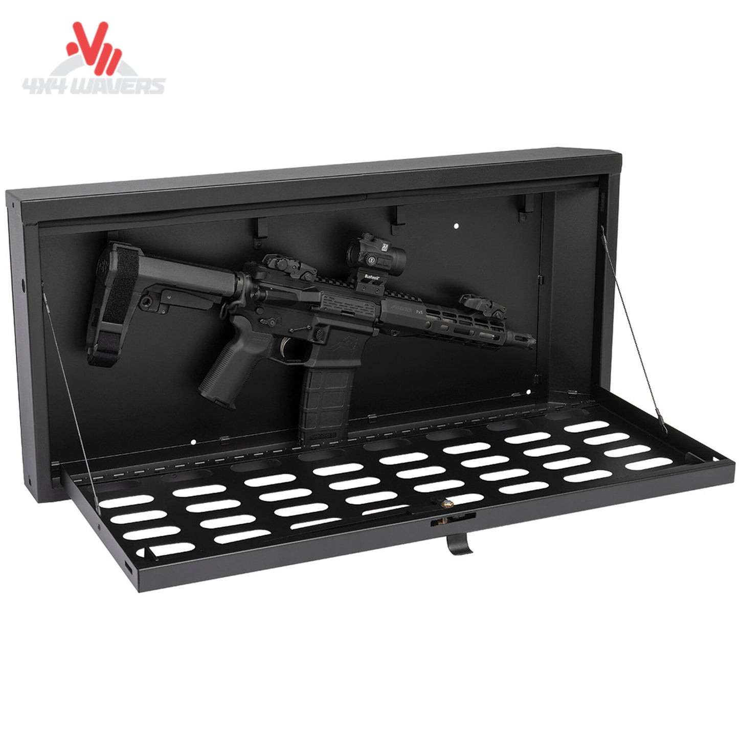 Interior storage compartment of Tuffy tailgate lockbox with organized overlanding equipment
