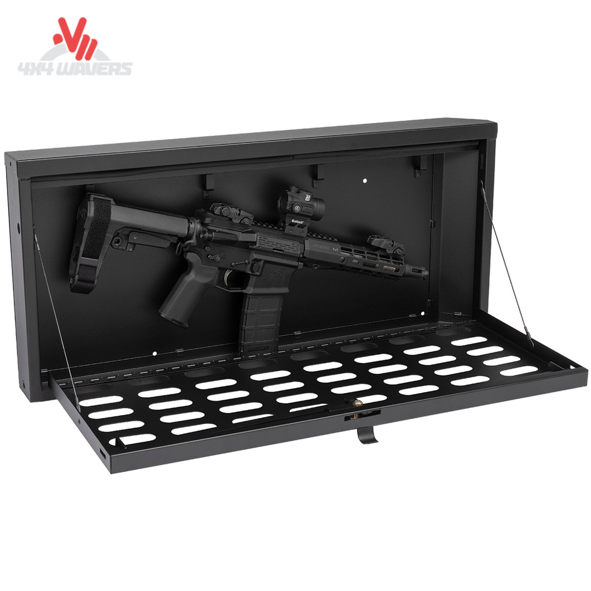 Interior storage compartment of Tuffy tailgate lockbox with organized overlanding equipment