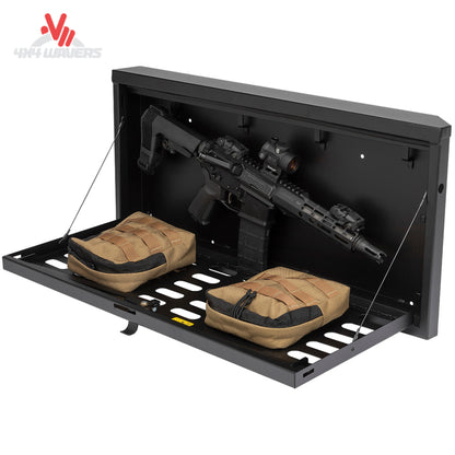 Interior storage compartment of Tuffy tailgate lockbox with organized overlanding equipment