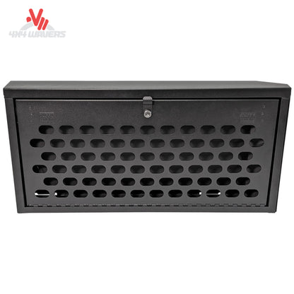Secure tailgate-mounted lockbox with integrated MOLLE panel for Jeep Wrangler JK storage and gear organization