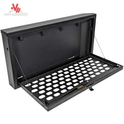 Secure tailgate-mounted lockbox with integrated MOLLE panel for Jeep Wrangler JK storage and gear organization