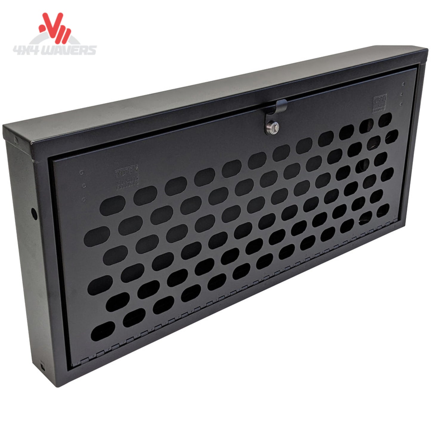 Jeep Wrangler JL tailgate lockbox featuring integrated MOLLE panel and secure steel storage compartment