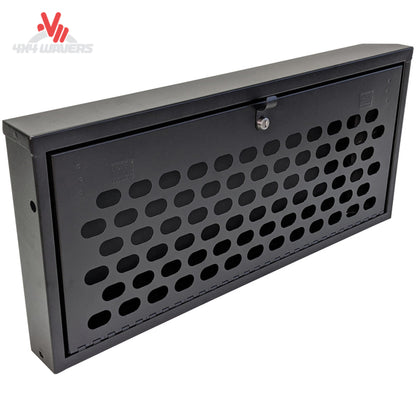 Jeep Wrangler JL tailgate lockbox featuring integrated MOLLE panel and secure steel storage compartment