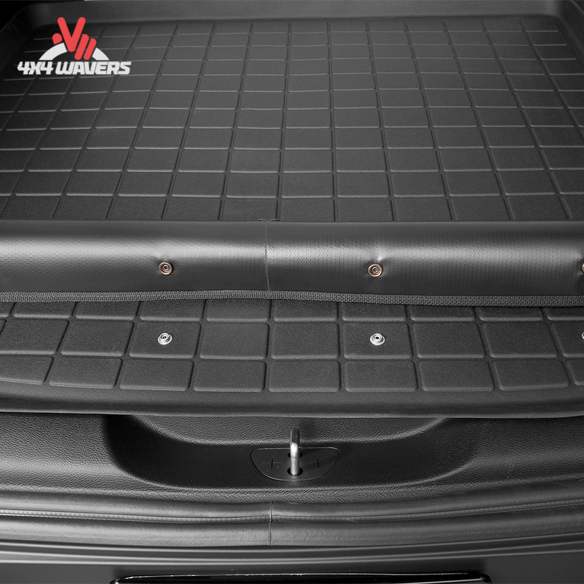 Bronco cargo area protected by a custom WeatherTech liner designed around the factory slide-out tailgate system