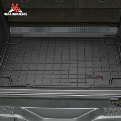Custom-fit WeatherTech cargo liner designed specifically for Ford Bronco 4-door models equipped with the factory slide-out tailgate