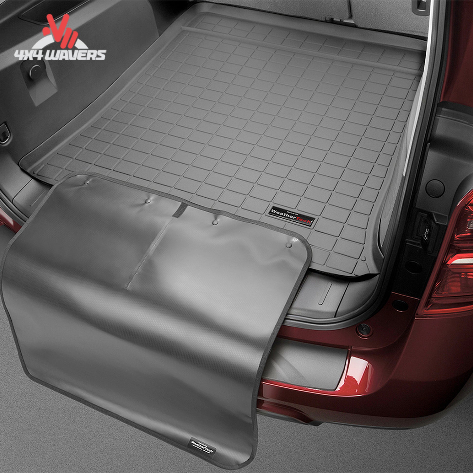Custom-fit WeatherTech cargo liner featuring integrated bumper protection for Ford Bronco models equipped with the factory slide-out tailgate