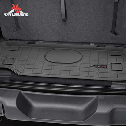 Custom-fit WeatherTech cargo liner protecting the rear cargo area of a Jeep Wrangler JL 2-door behind the front seats