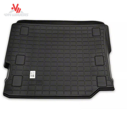 Custom-fit WeatherTech cargo liner installed in a Jeep Wrangler JL Unlimited with factory flat load floor configuration