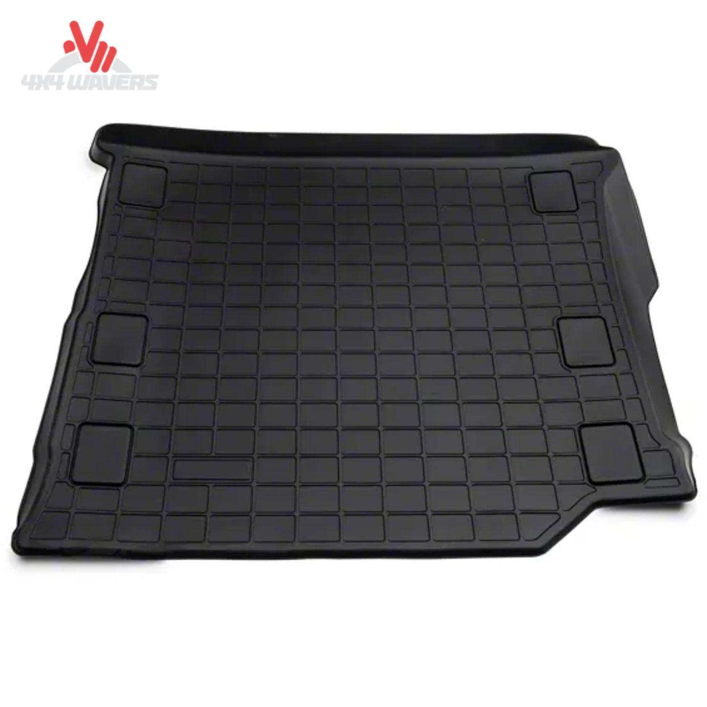 Jeep Wrangler JL Unlimited cargo compartment protected by a WeatherTech cargo liner designed for factory subwoofer applications