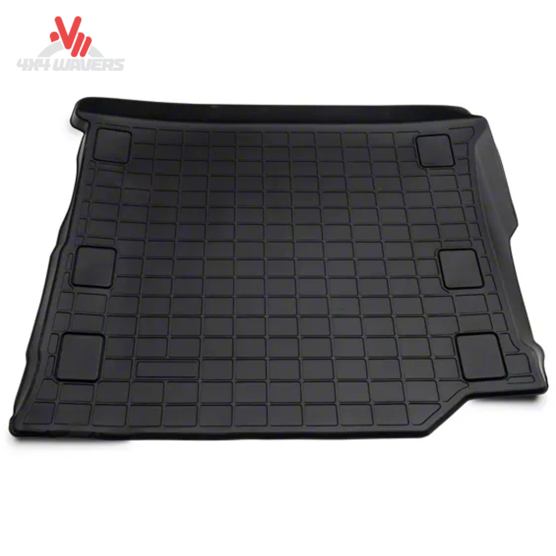 Jeep Wrangler JL Unlimited cargo compartment protected by a WeatherTech cargo liner designed for factory subwoofer applications