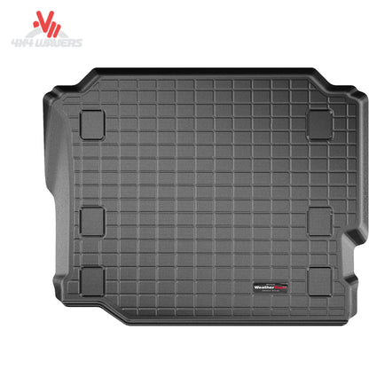 Custom-fit WeatherTech cargo liner installed in a Jeep Wrangler JL Unlimited cargo area without flat load floor configuration