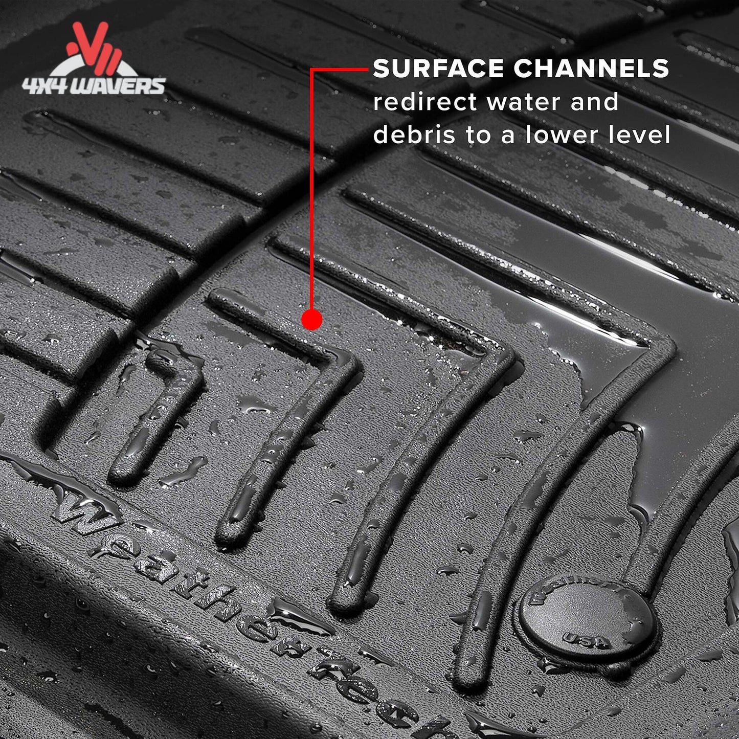 Close-up view of WeatherTech FloorLiner HP channels engineered to trap moisture and debris