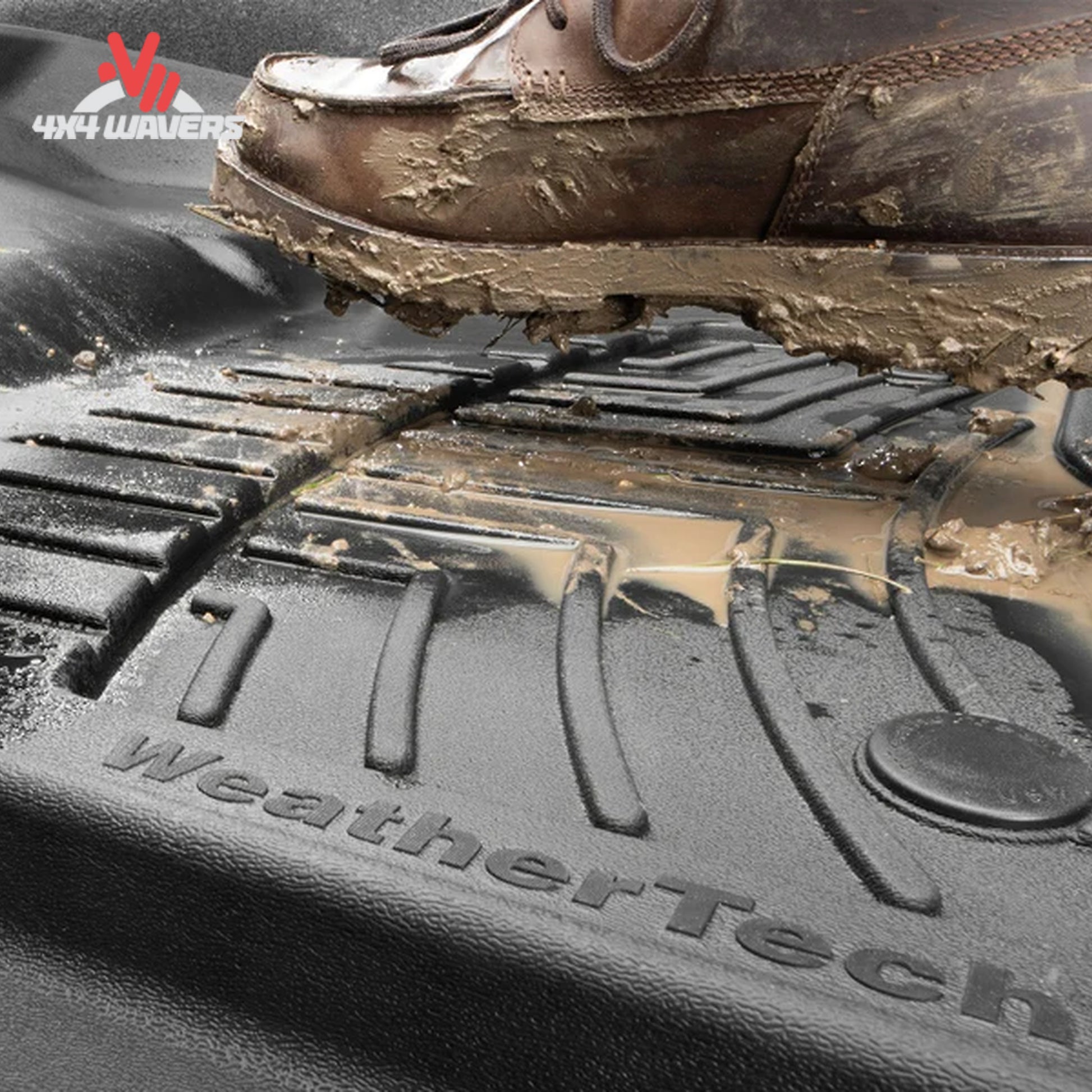 Close-up view showing debris and water containment channels in the WeatherTech HP floor liner