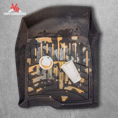 Close-up view showing debris and water containment channels in the WeatherTech HP floor liner