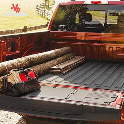 Top angle view of Ford F150 truck bed with installed black WeatherTech ImpactLiner mat 36926IM