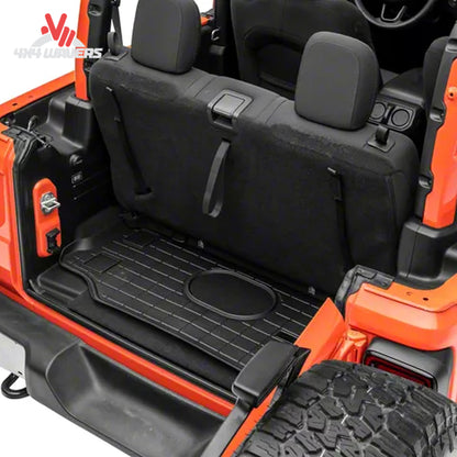 Jeep Wrangler JL 2-door cargo area protected by a custom-molded WeatherTech cargo liner