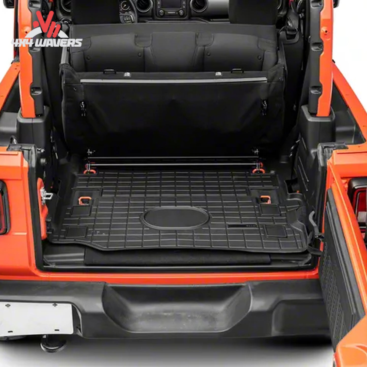 Jeep Wrangler JL 2-door cargo area protected by a custom-molded WeatherTech cargo liner