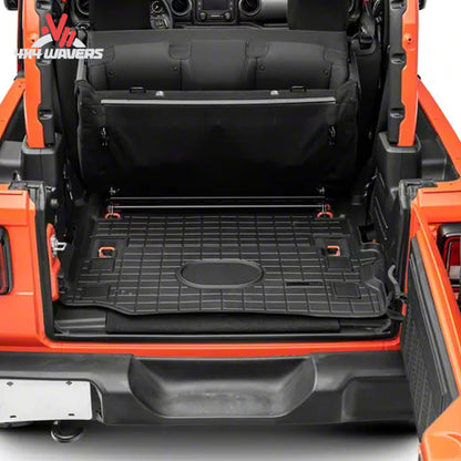 Jeep Wrangler JL 2-door cargo area protected by a custom-molded WeatherTech cargo liner