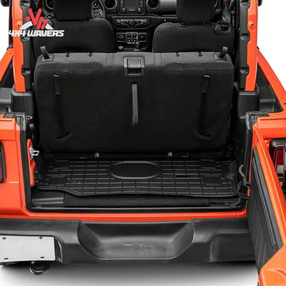 Jeep Wrangler JL 2-door cargo area protected by a custom-molded WeatherTech cargo liner