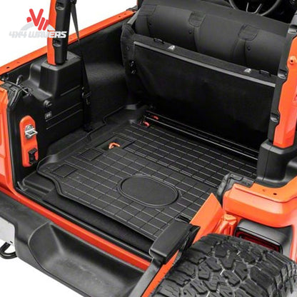 Installed WeatherTech cargo liner Jeep Wrangler JL 2-door cargo compartment