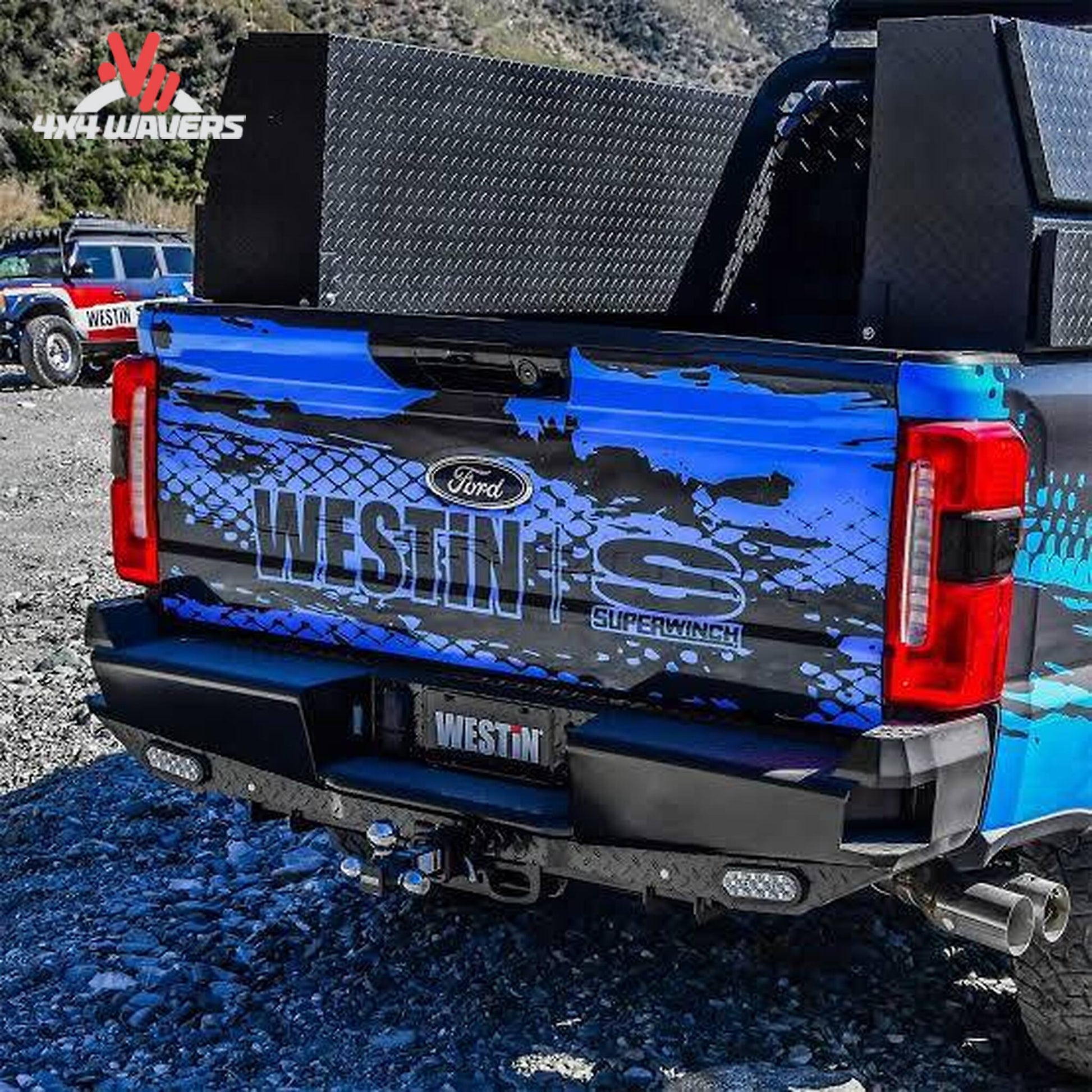 Rear view of Ford F150 truck with installed textured black Westin HDX steel bumper 58-240905