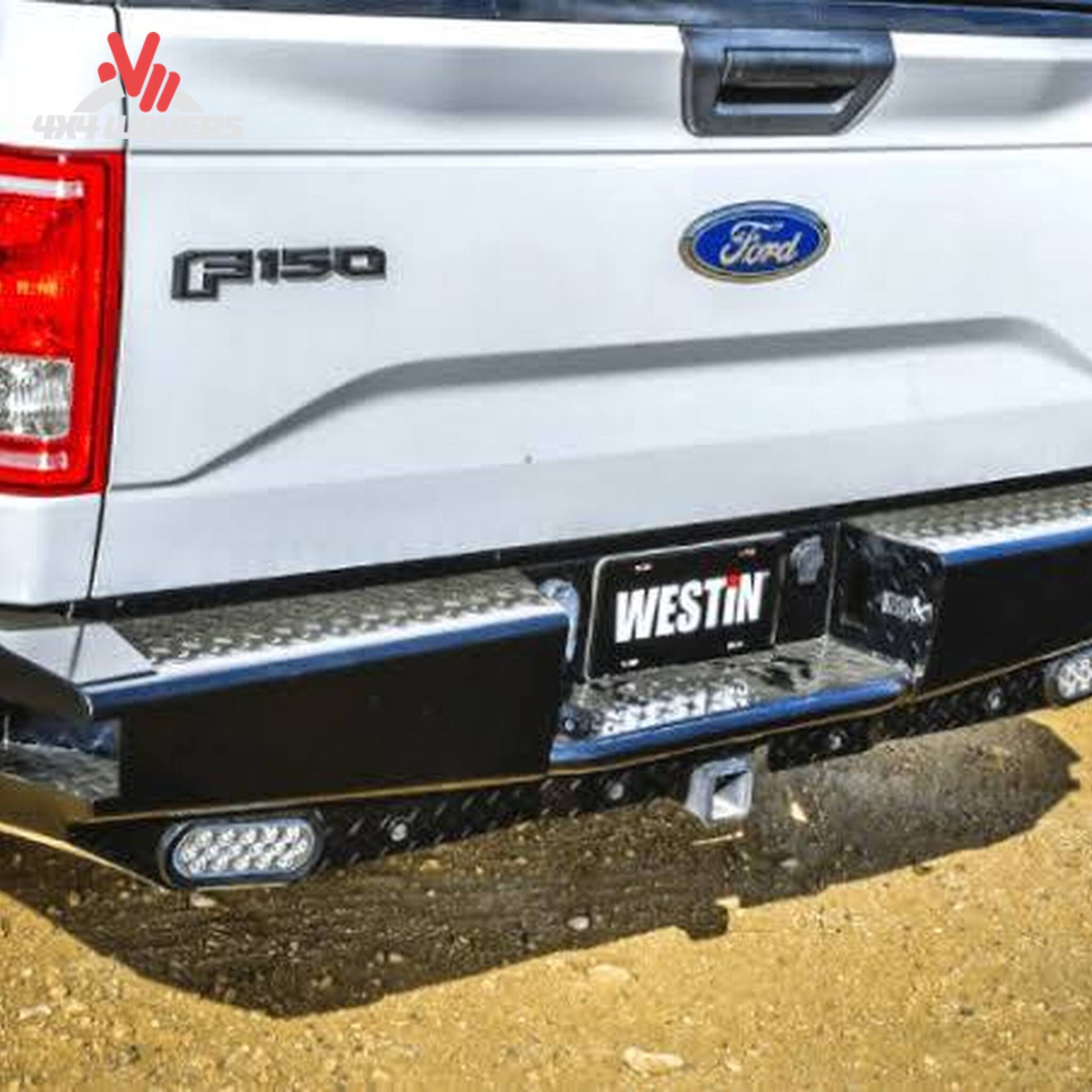 Rear view of Ford F150 truck with installed textured black Westin HDX steel bumper 58-240905
