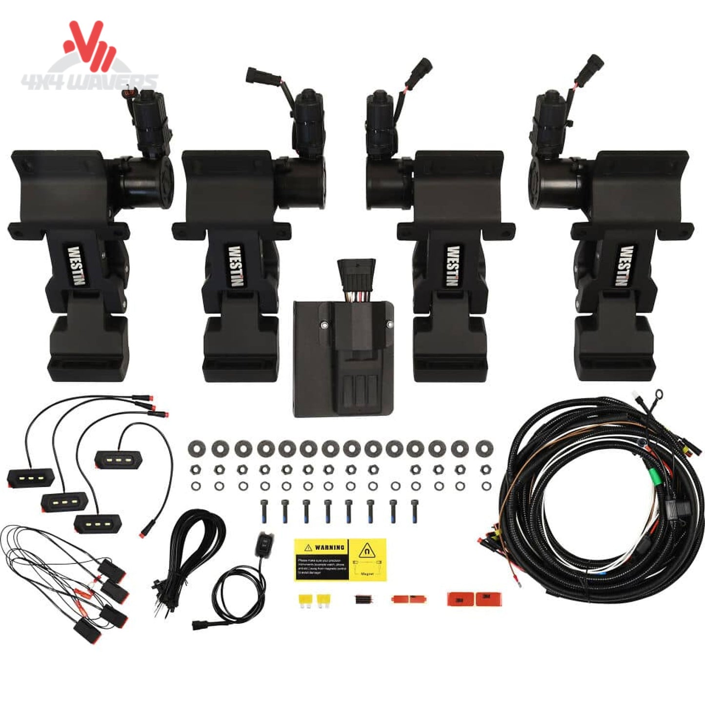 A 4-pack of black NOSM-10000L truck bed light mounts with a wiring harness kit, wiring connectors, screws, washers, and a central fuse block.