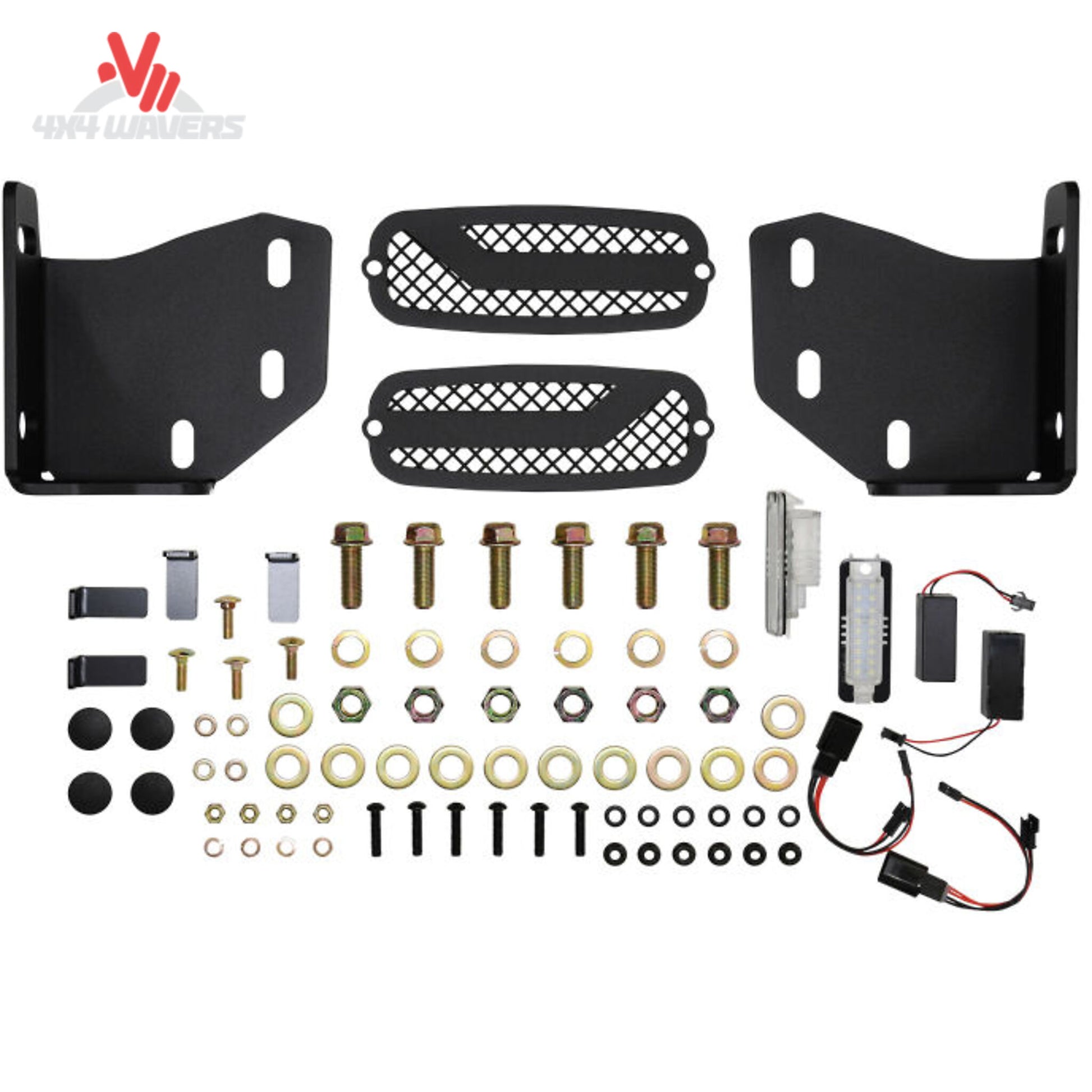 A 4x4 vehicle underbody protection kit by 4NF Leaders, featuring black steel mounting brackets, two black mesh grilles, and a comprehensive set of hardware including bolts, washers, nuts, and wiring harnesses, all arranged on a white background.