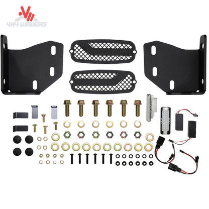 A 4x4 vehicle underbody protection kit by 4NF Leaders, featuring black steel mounting brackets, two black mesh grilles, and a comprehensive set of hardware including bolts, washers, nuts, and wiring harnesses, all arranged on a white background.
