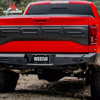 Rear view of Ford F150 truck with installed textured black Westin Pro Series steel bumper 58-421015