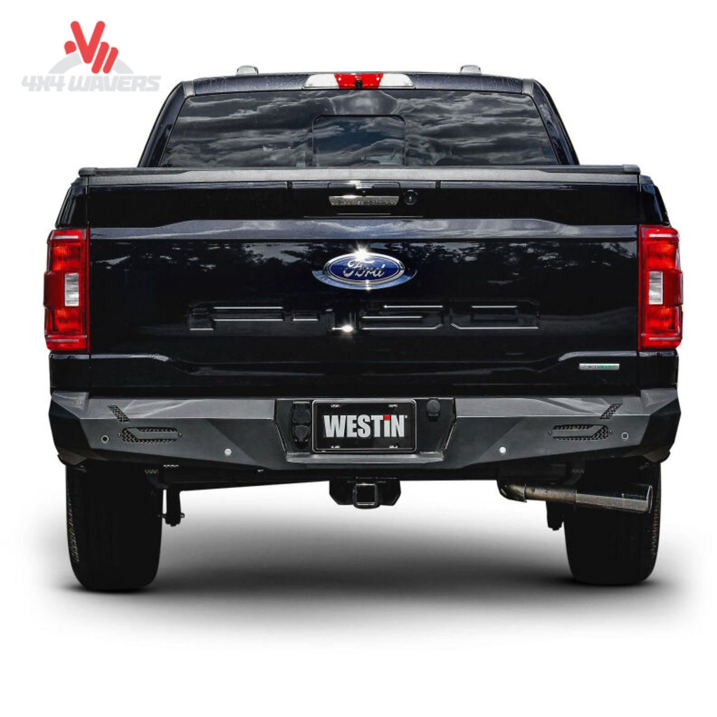 Rear view of Ford F150 truck with installed textured black Westin Pro Series steel bumper 58-421015
