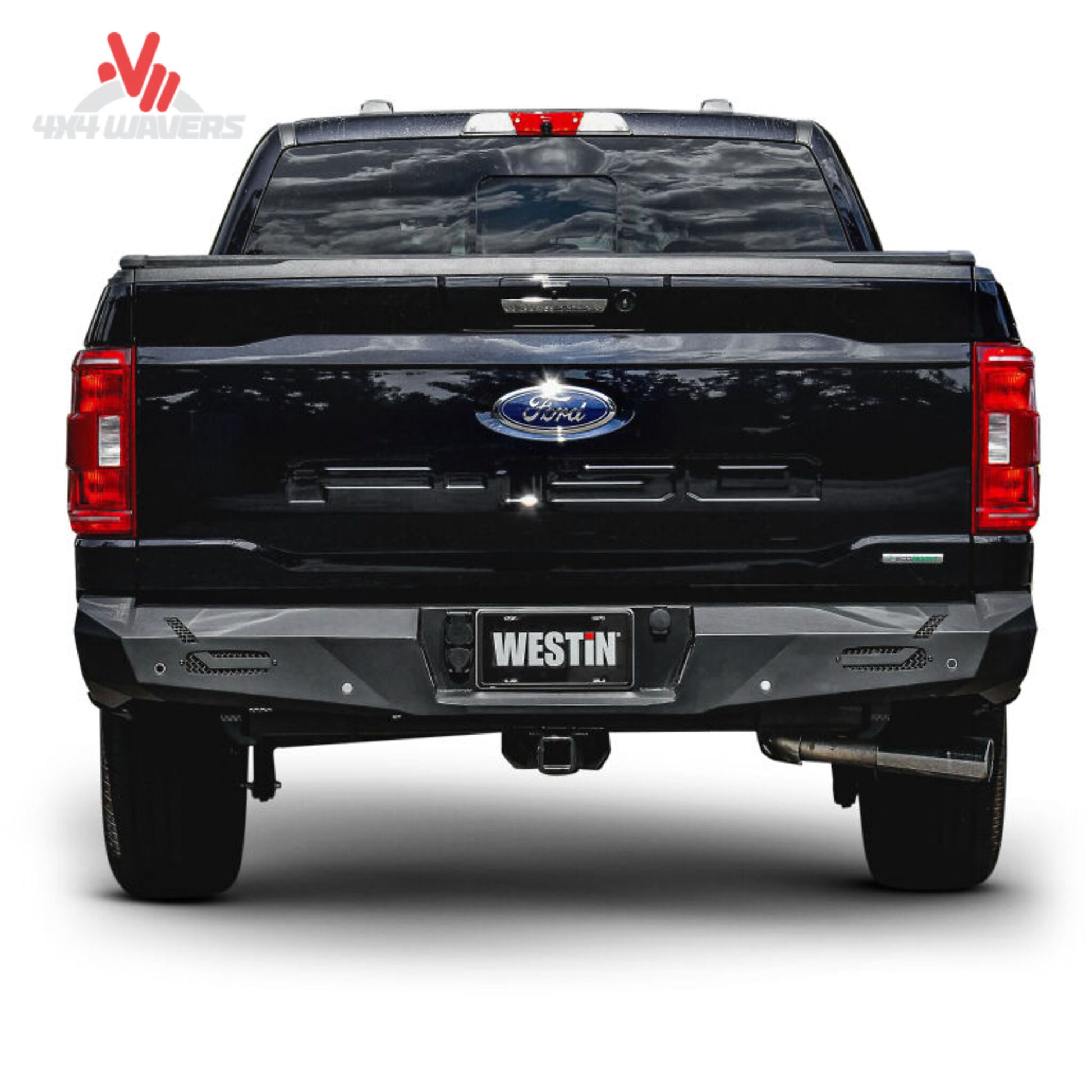Rear view of Ford F150 truck with installed textured black Westin Pro Series steel bumper 58-421015