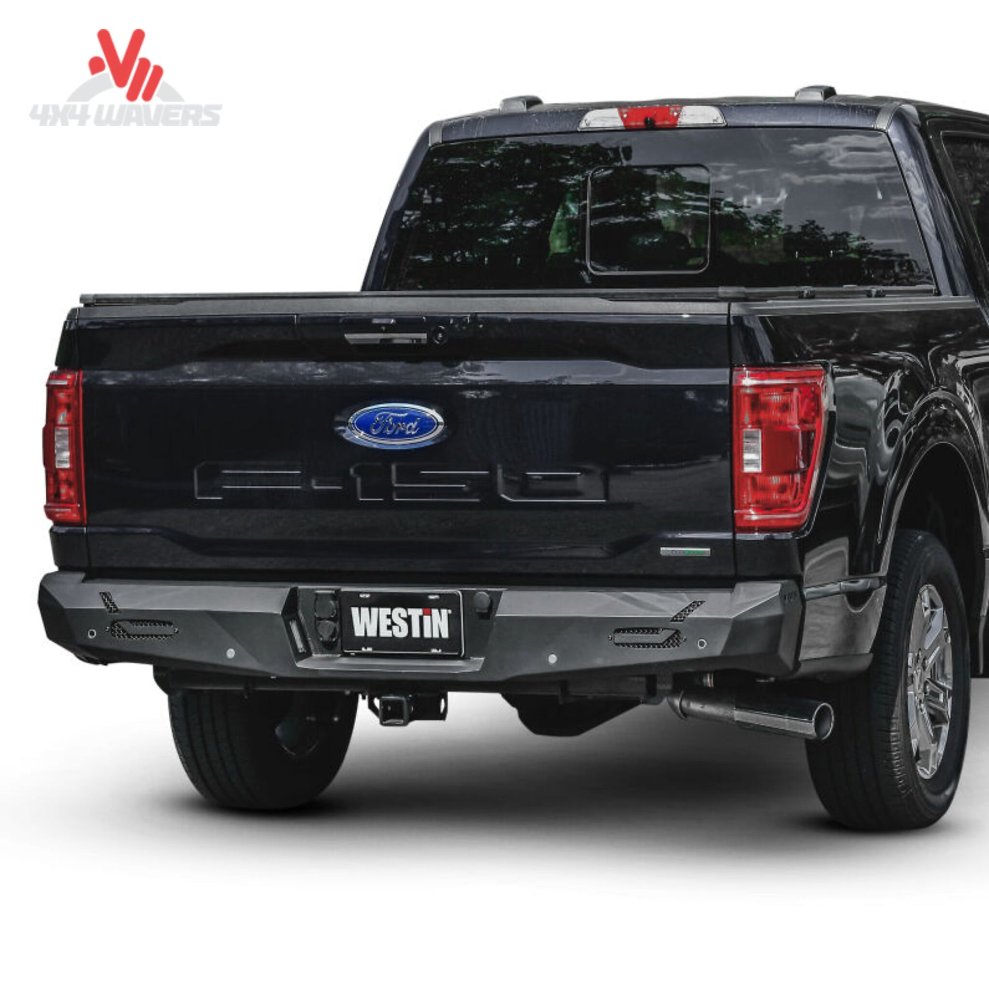 Rear view of Ford F150 truck with installed textured black Westin Pro Series steel bumper 58-421015