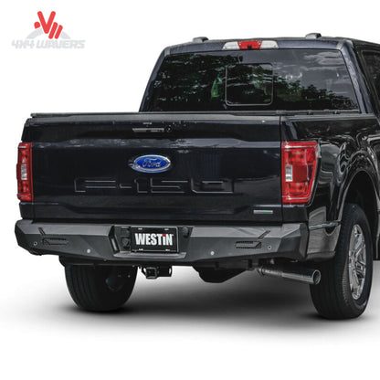 Rear view of Ford F150 truck with installed textured black Westin Pro Series steel bumper 58-421015
