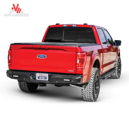 Rear view of Ford F150 truck with installed textured black Westin Pro Series steel bumper 58-421015