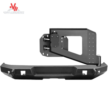 Westin WJ2 rear bumper with tire carrier for 2007-2018 Jeep Wrangler JK; Heavy-duty Westin WJ2 rear bumper featuring integrated swing-out tire carrier installed on Jeep Wrangler JK