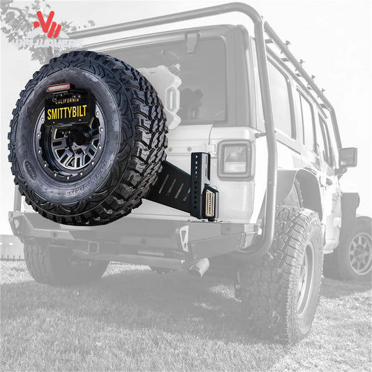 Smittybilt XRC Gen3 tire carrier installed on Jeep Wrangler JL; How does the XRC Gen3 tire carrier look when installed on a Jeep JL?
