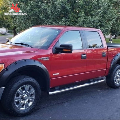 Side profile view of Ford F150 truck with installed 4 piece black pocket flares KF00102