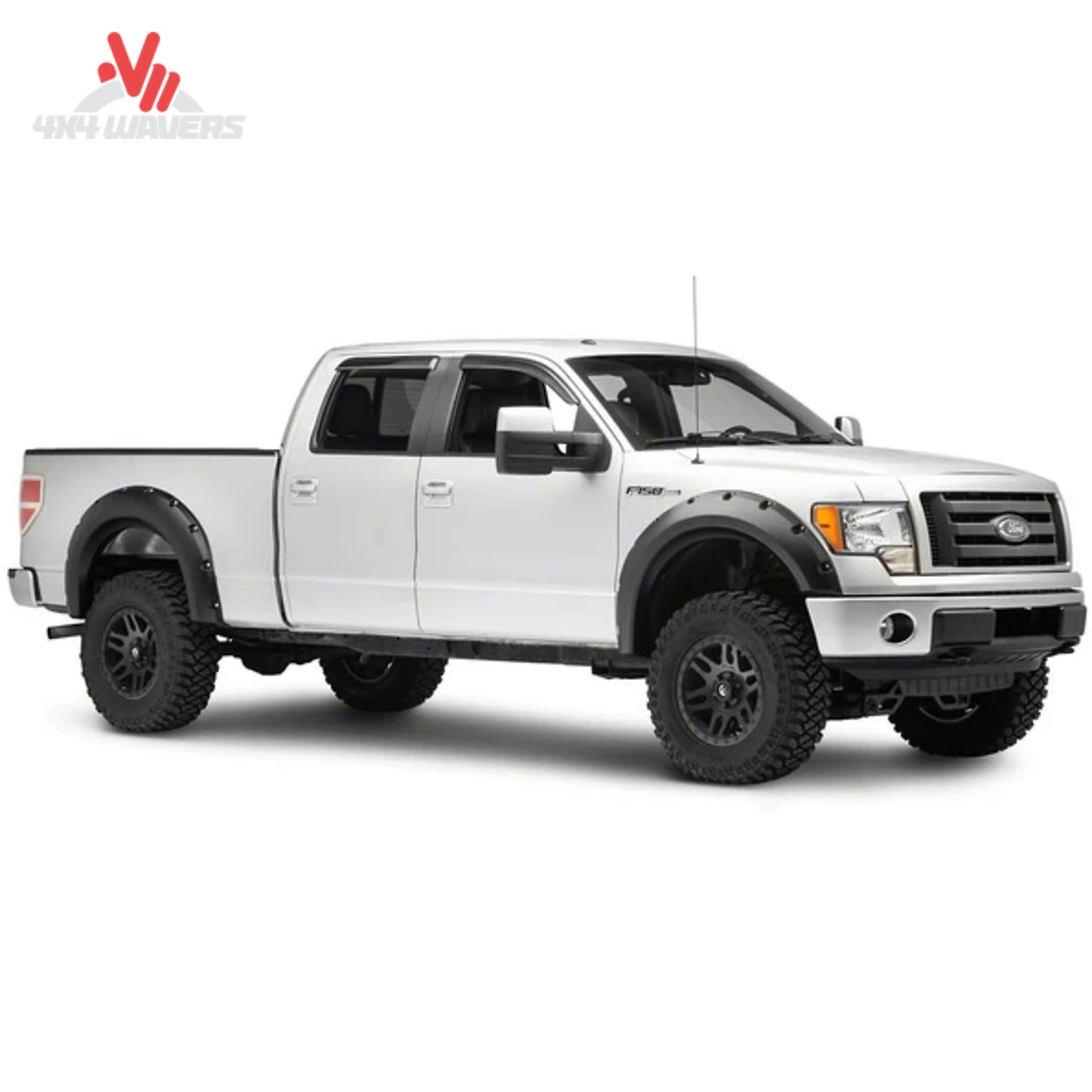 Side profile view of Ford F150 truck with installed 4 piece black pocket flares KF00102